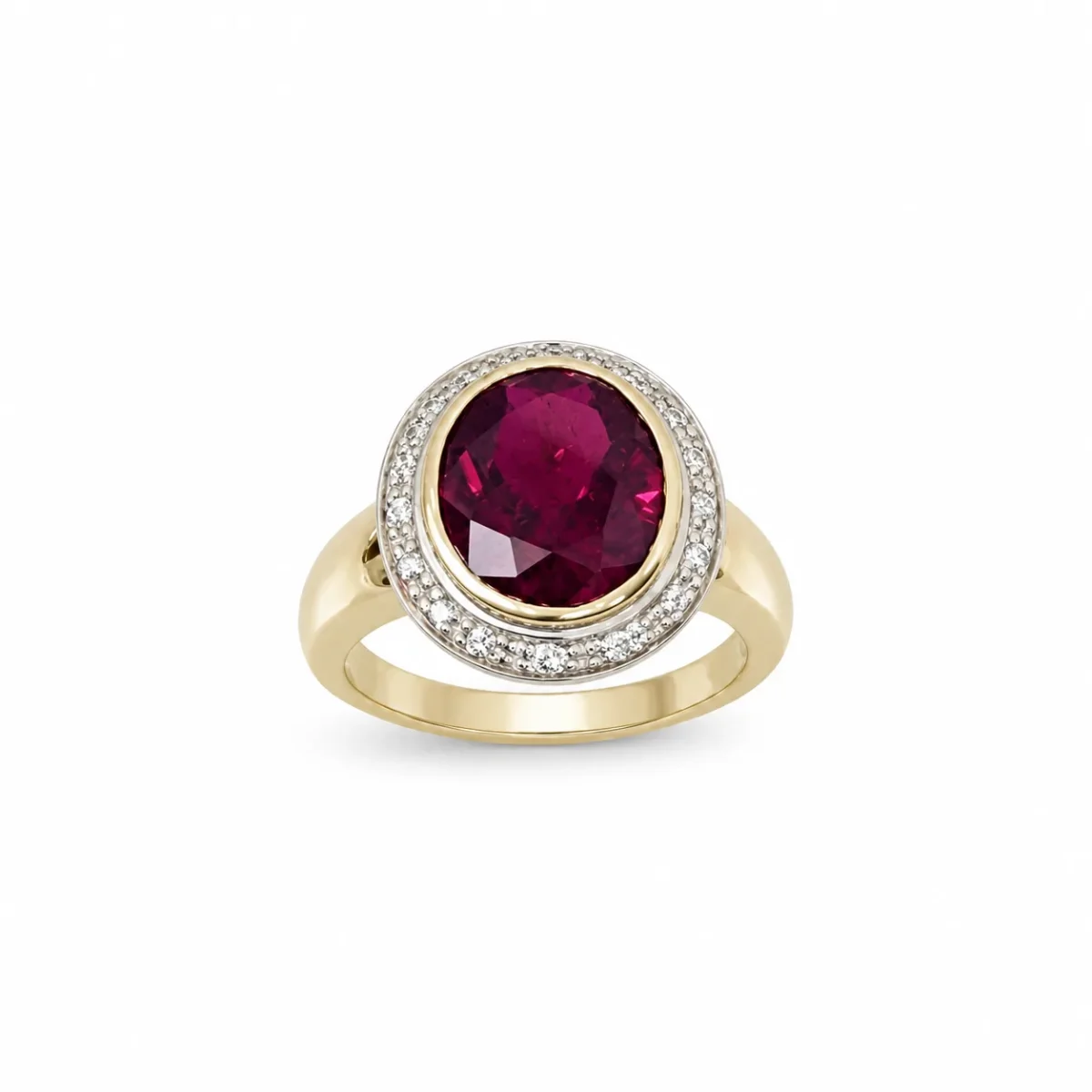 9ct Yellow Gold Synthetic Ruby & Diamond Halo Ring, 12x10mm Oval Ruby with Natural Diamond Halo - 9CTCYR1822