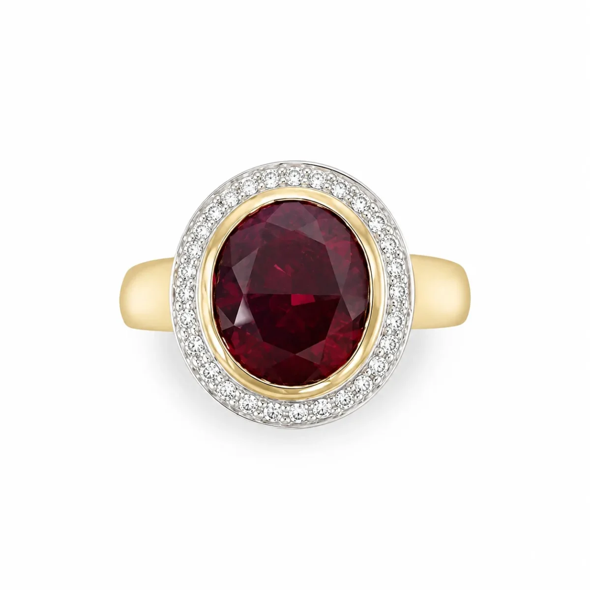 9ct Yellow Gold Synthetic Ruby & Diamond Halo Ring, 12x10mm Oval Ruby with Natural Diamond Halo - 9CTCYR1822