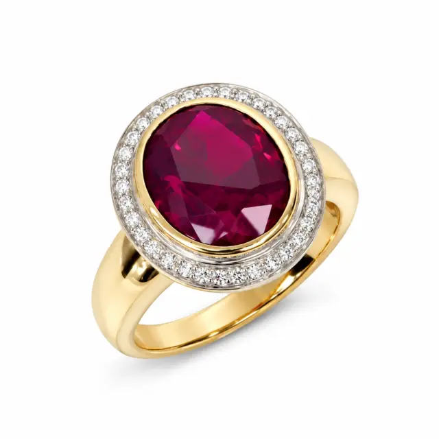 9ct Yellow Gold Synthetic Ruby & Diamond Halo Ring, 12x10mm Oval Ruby with Natural Diamond Halo - 9CTCYR1822