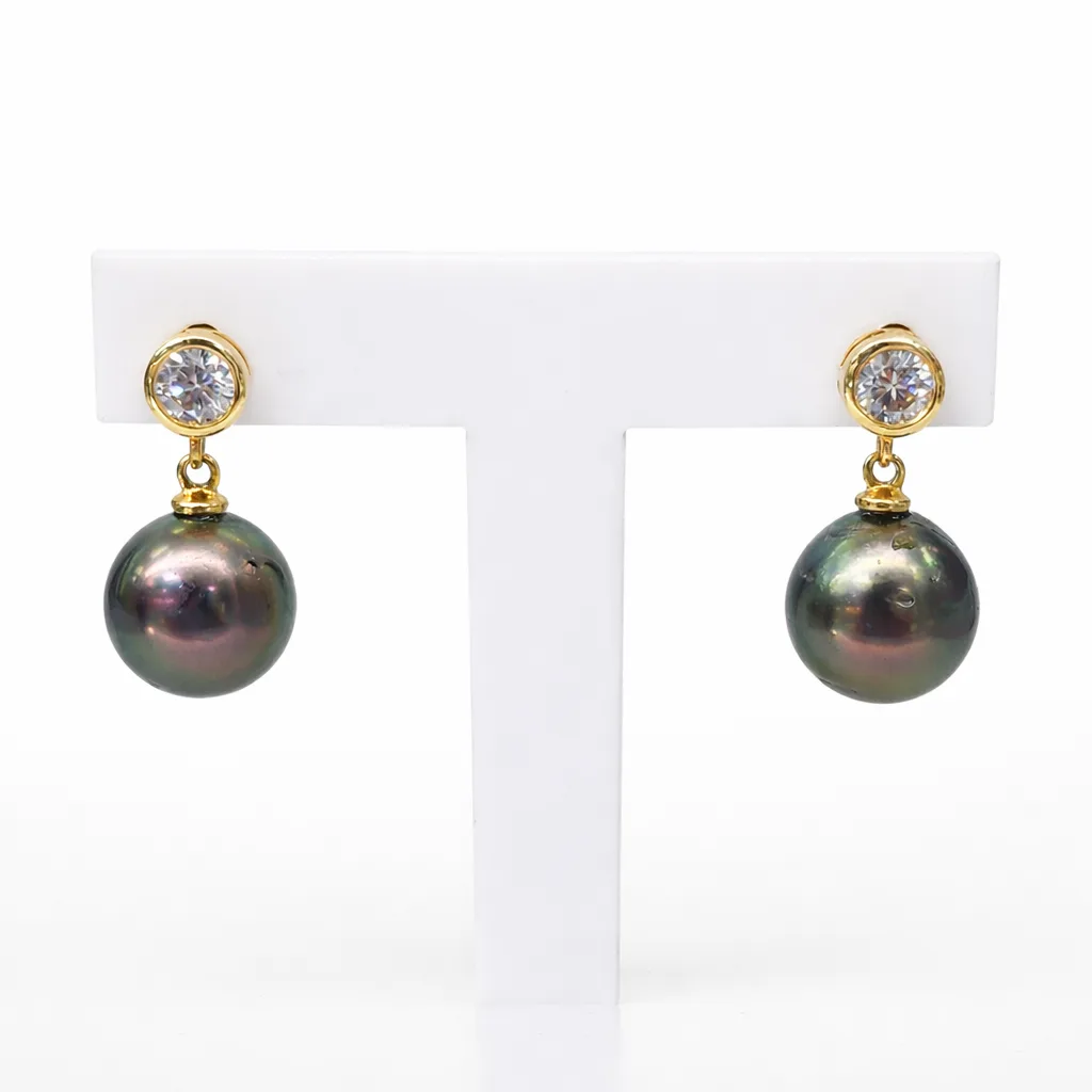 9ct Yellow Gold Tahitian Black Pearl & CZ Drop Earrings - 9CTPRZCZ