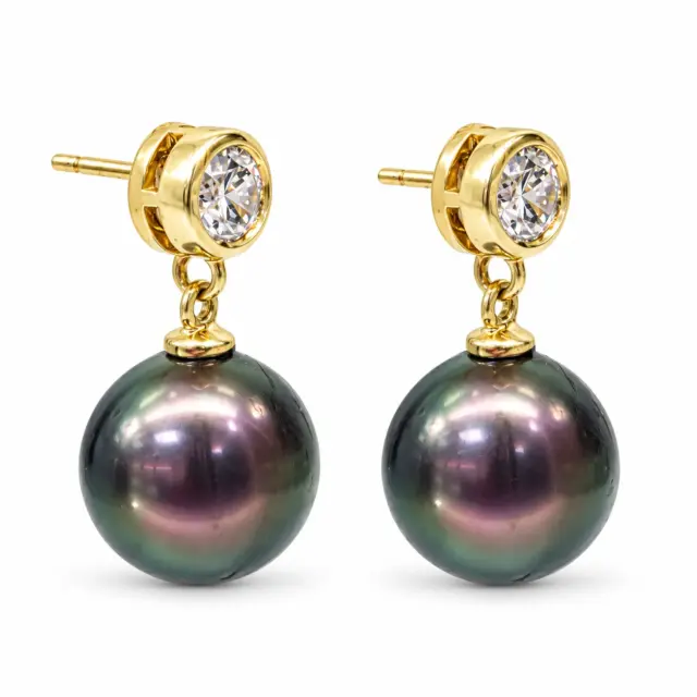 9ct Yellow Gold Tahitian Black Pearl & CZ Drop Earrings - 9CTPRZCZ