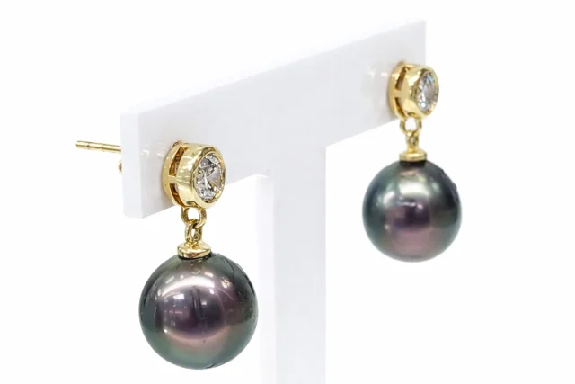9ct Yellow Gold Tahitian Black Pearl & CZ Drop Earrings - 9CTPRZCZ
