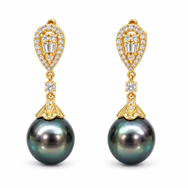 9ct Yellow Gold Tahitian Black Pearl Drop Earrings with Cubic Zirconia 9.50mm-10.00mm Pearls - 9CTTBL