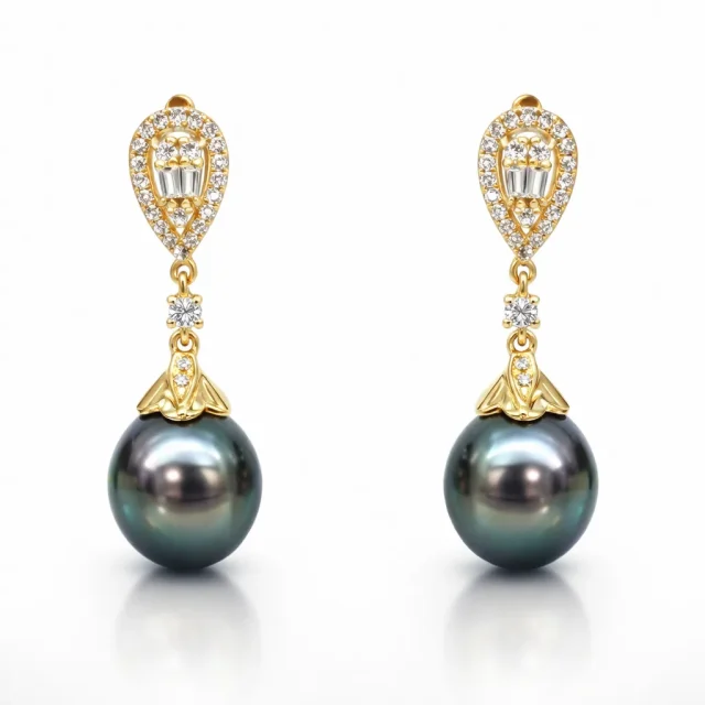 9ct Yellow Gold Tahitian Black Pearl Drop Earrings with Cubic Zirconia 9.50mm-10.00mm Pearls - 9CTTBL