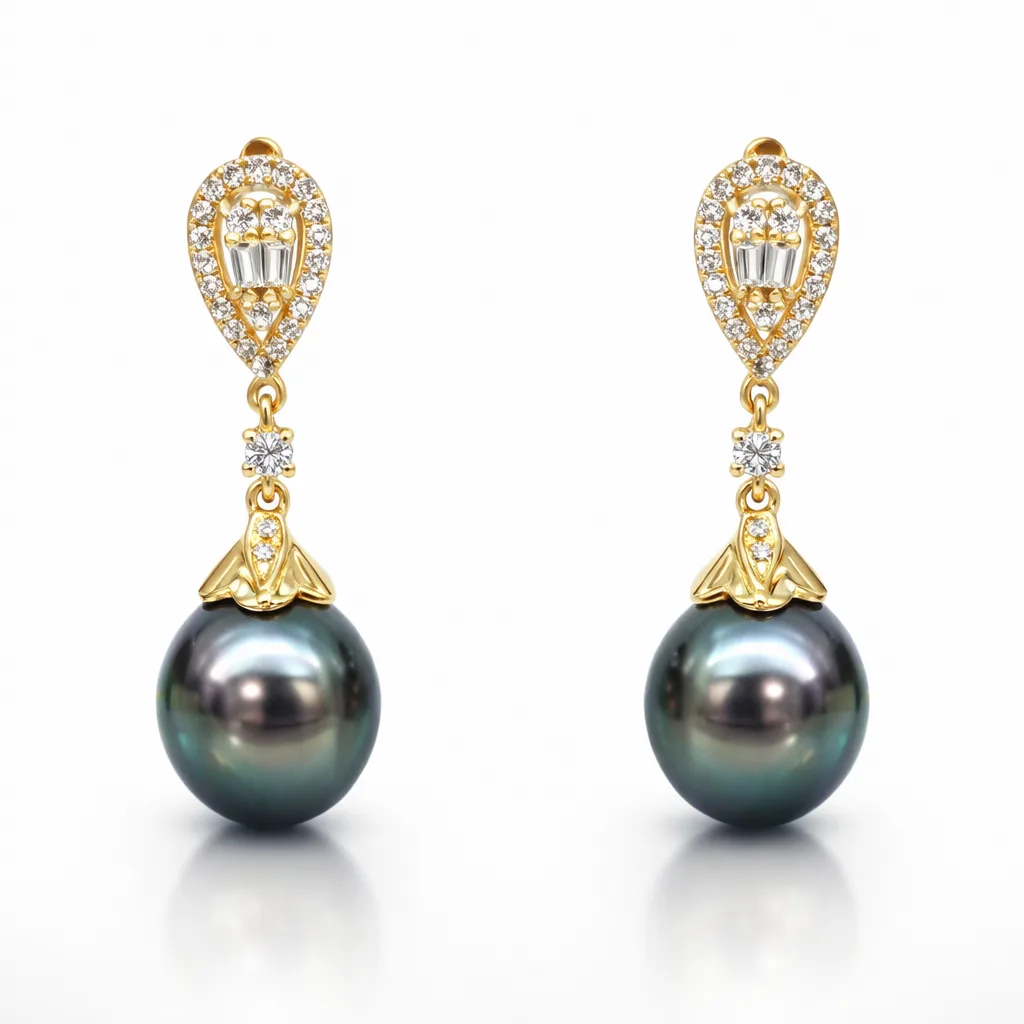 9ct Yellow Gold Tahitian Black Pearl Drop Earrings with Cubic Zirconia 9.50mm-10.00mm Pearls - 9CTTBL