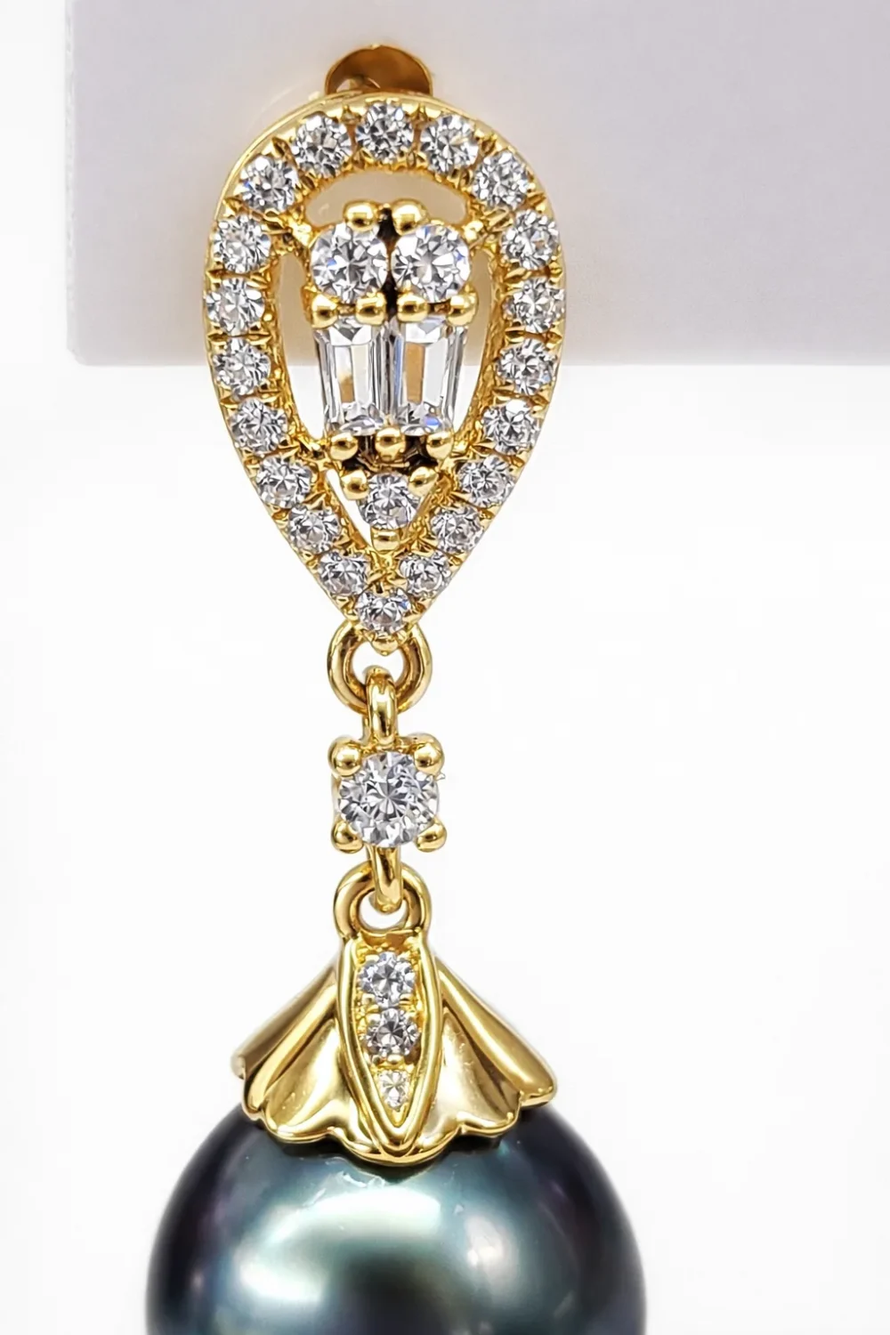 9ct Yellow Gold Tahitian Black Pearl Drop Earrings with Cubic Zirconia 9.50mm-10.00mm Pearls - 9CTTBL