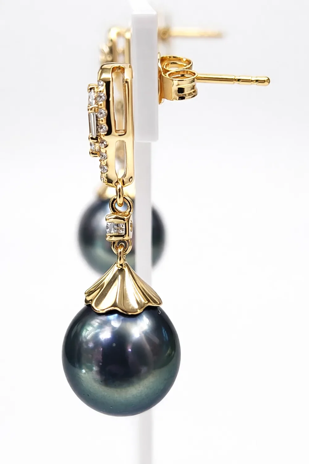 9ct Yellow Gold Tahitian Black Pearl Drop Earrings with Cubic Zirconia 9.50mm-10.00mm Pearls - 9CTTBL