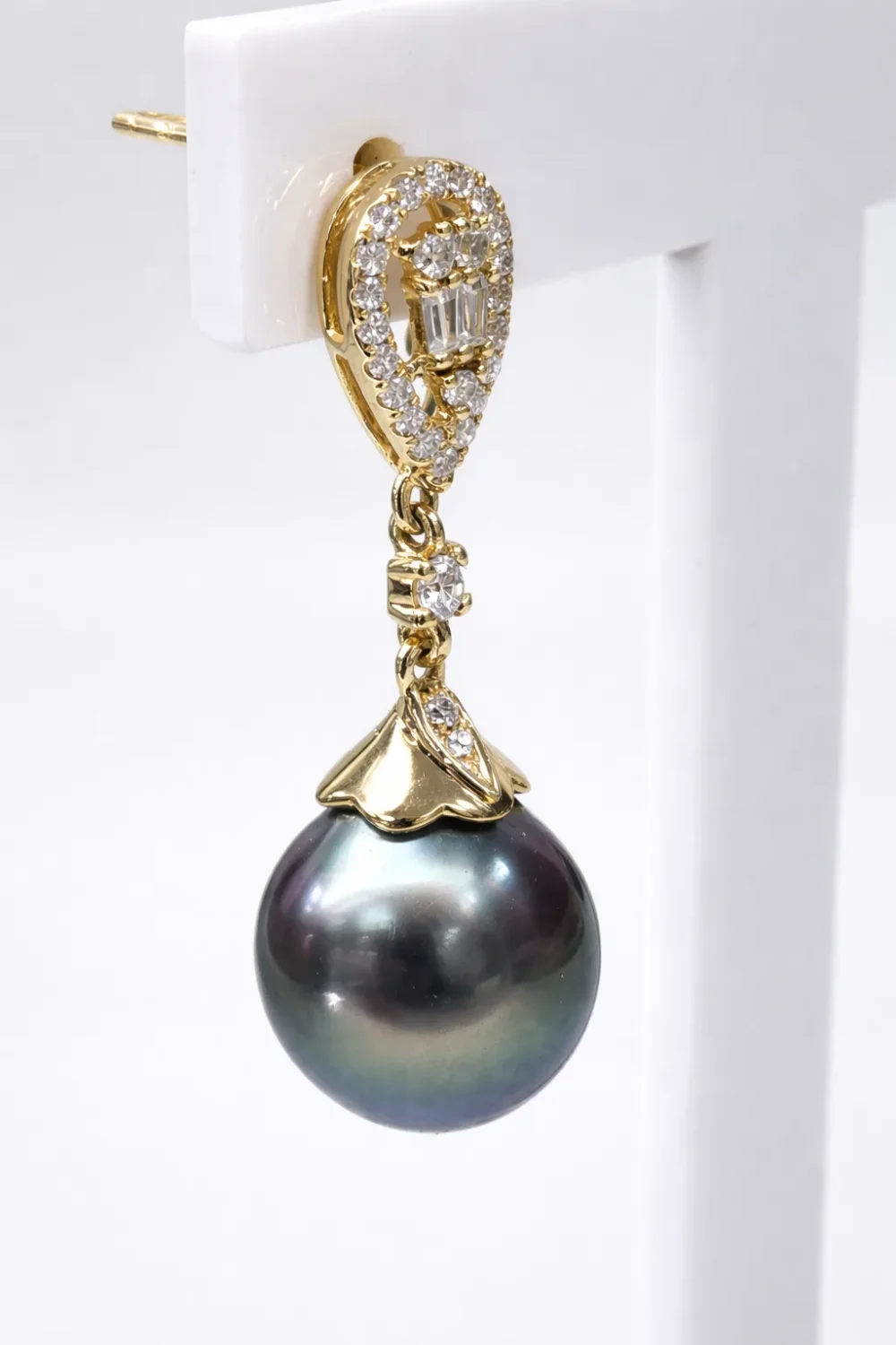 9ct Yellow Gold Tahitian Black Pearl Drop Earrings with Cubic Zirconia 9.50mm-10.00mm Pearls - 9CTTBL