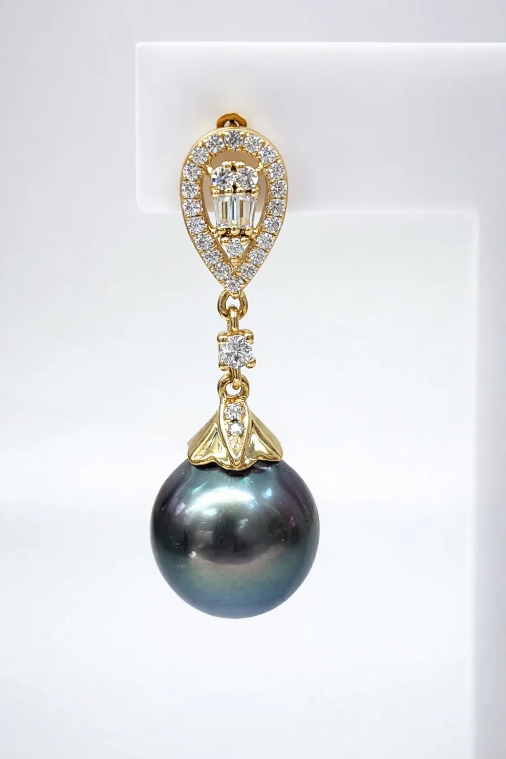 9ct Yellow Gold Tahitian Black Pearl Drop Earrings with Cubic Zirconia 9.50mm-10.00mm Pearls - 9CTTBL