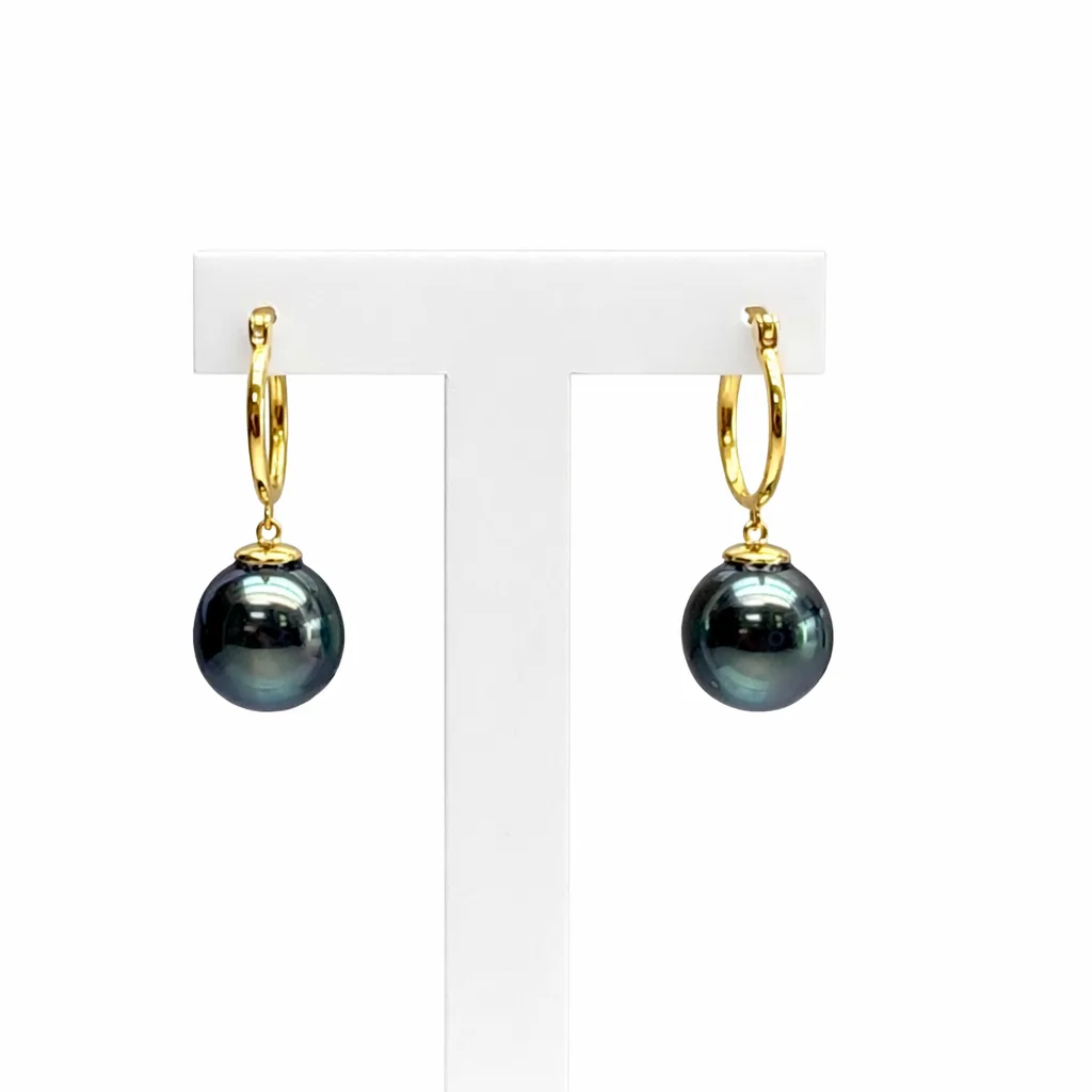 9ct Yellow Gold Tahitian Black Pearl Hoop Earrings 10.5–11.0mm Peacock Pearls - 9CTTZZ