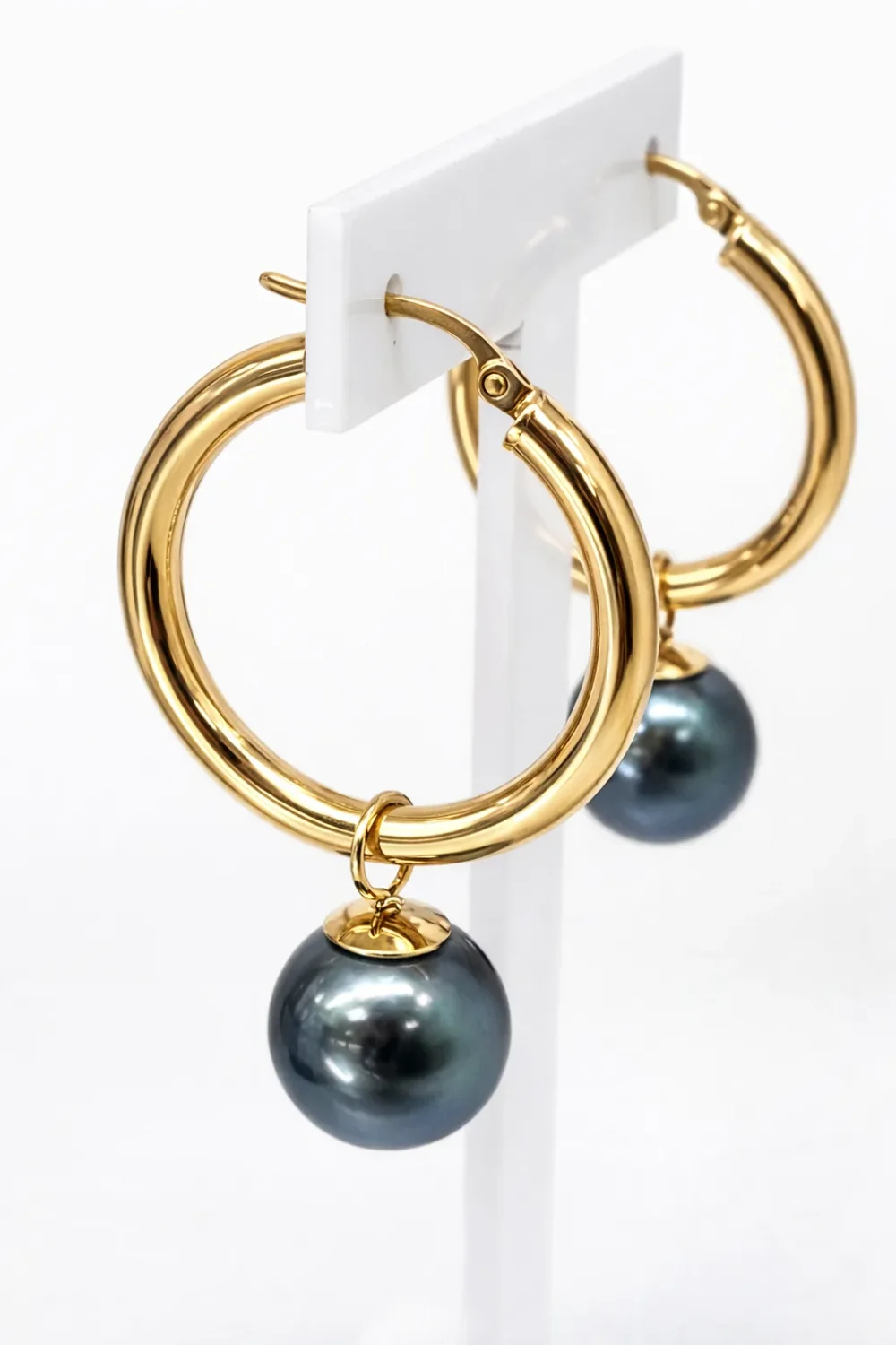 9ct Yellow Gold Tahitian Black Pearl Hoop Earrings - 9CTTZL
