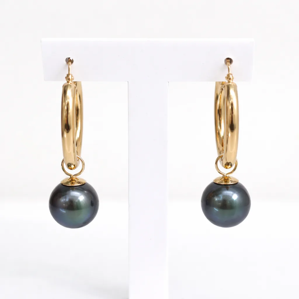 9ct Yellow Gold Tahitian Black Pearl Hoop Earrings - 9CTTZL