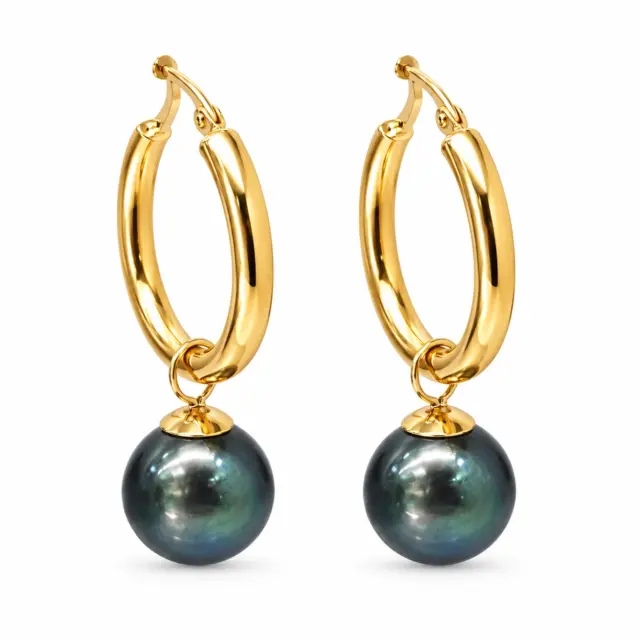 9ct Yellow Gold Tahitian Black Pearl Hoop Earrings - 9CTTZL