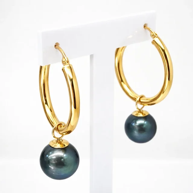 9ct Yellow Gold Tahitian Black Pearl Hoop Earrings - 9CTTZL