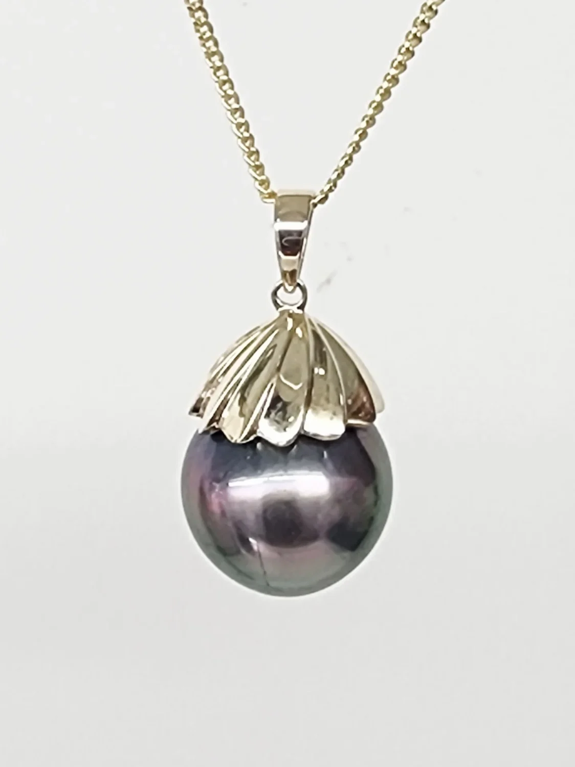 9CT Yellow Gold Tahitian Black Pearl Pendant – 13mm Round Pearl with Gold Design Cap - 9CTPZZTBP