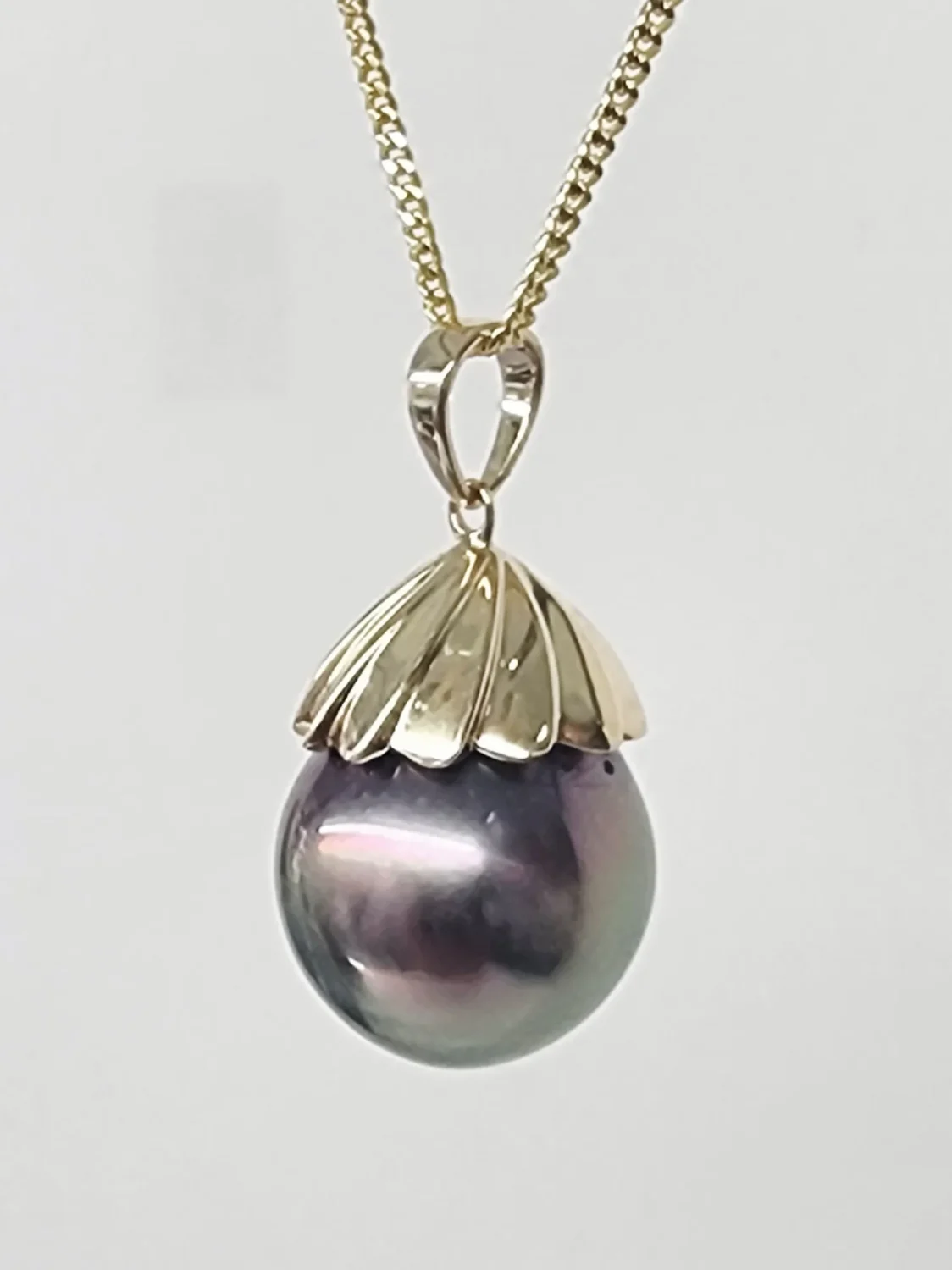 9CT Yellow Gold Tahitian Black Pearl Pendant – 13mm Round Pearl with Gold Design Cap - 9CTPZZTBP