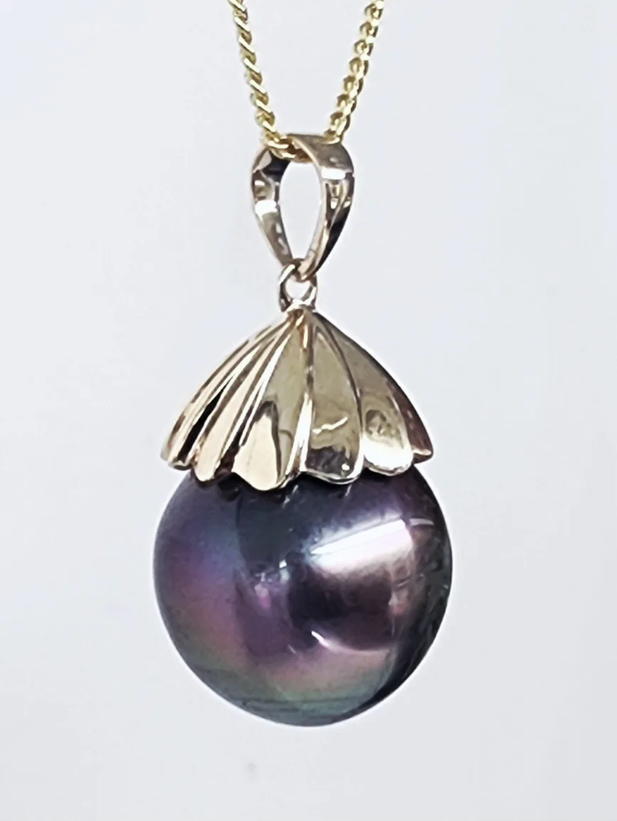 9CT Yellow Gold Tahitian Black Pearl Pendant – 13mm Round Pearl with Gold Design Cap - 9CTPZZTBP