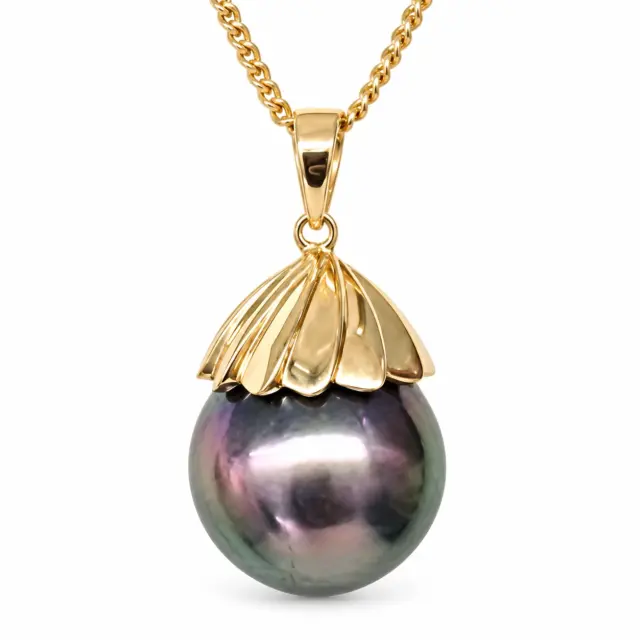 9CT Yellow Gold Tahitian Black Pearl Pendant – 13mm Round Pearl with Gold Design Cap - 9CTPZZTBP