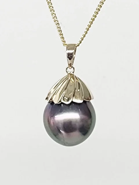 9CT Yellow Gold Tahitian Black Pearl Pendant – 13mm Round Pearl with Gold Design Cap - 9CTPZZTBP