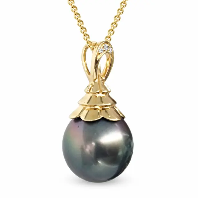 9CT Yellow Gold Tahitian Black Pearl Pendant with Diamond Accents – 11.5mm–12mm - 9CTTLZTBPDIA