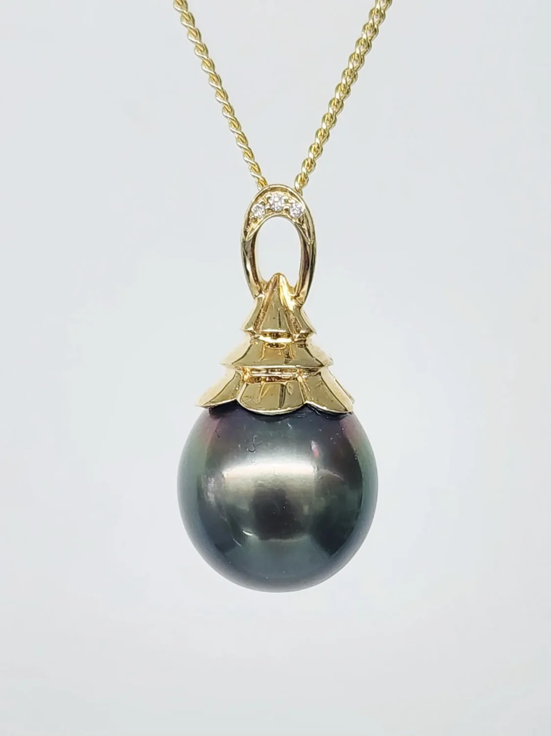 9CT Yellow Gold Tahitian Black Pearl Pendant with Diamond Accents – 11.5mm–12mm - 9CTTLZTBPDIA