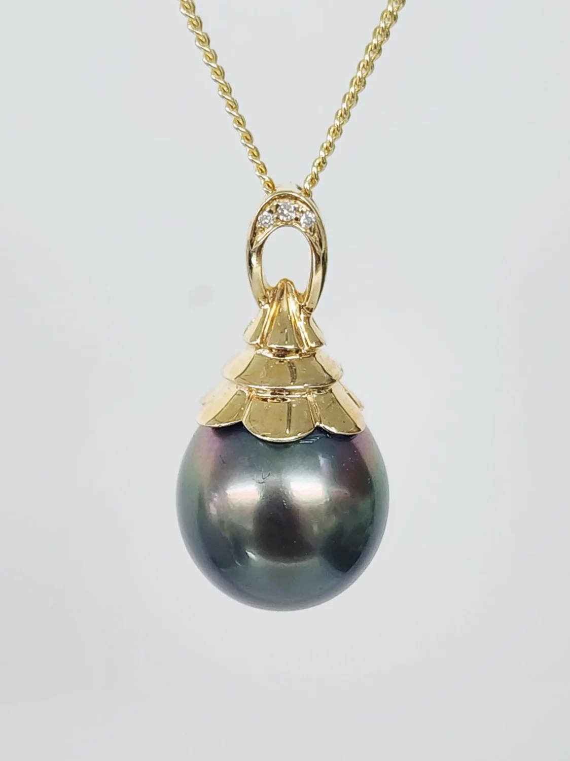 9CT Yellow Gold Tahitian Black Pearl Pendant with Diamond Accents – 11.5mm–12mm - 9CTTLZTBPDIA