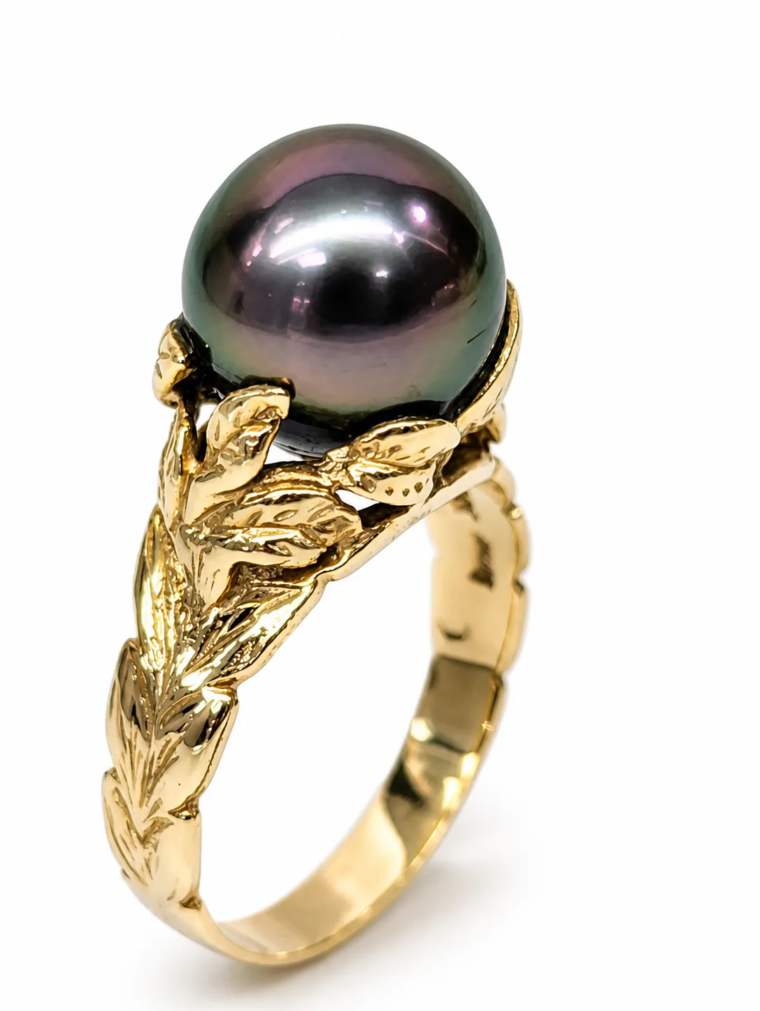 9ct Yellow Gold Tahitian Black Pearl Ring – 12.0–12.50mm Peacock Pearl | Nature Inspired Leaf Design - MJPYZ