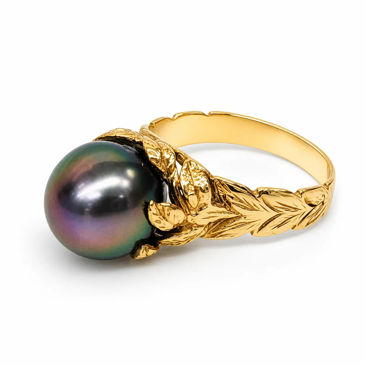 9ct Yellow Gold Tahitian Black Pearl Ring – 12.0–12.50mm Peacock Pearl | Nature Inspired Leaf Design - MJPYZ