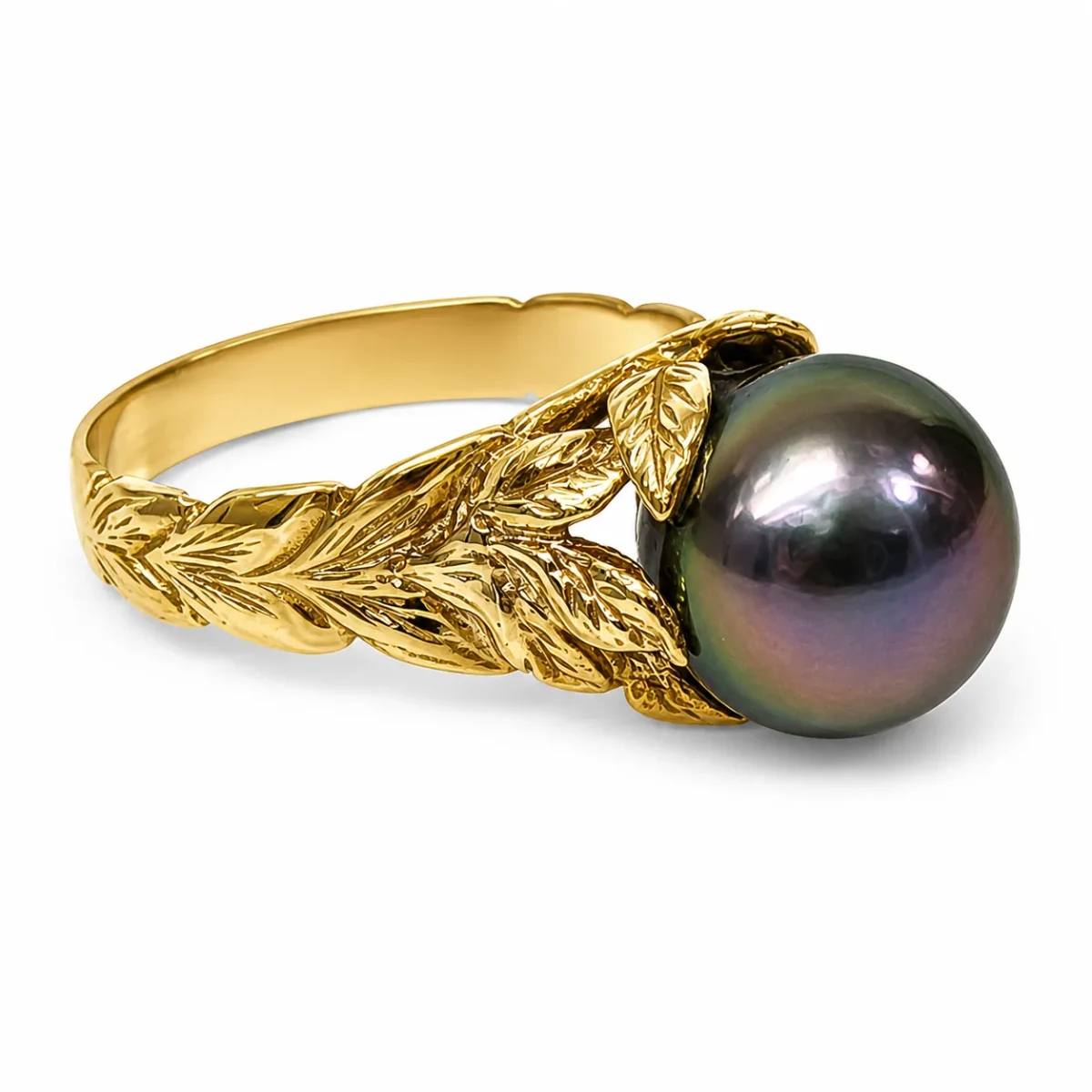 9ct Yellow Gold Tahitian Black Pearl Ring – 12.0–12.50mm Peacock Pearl | Nature Inspired Leaf Design - MJPYZ