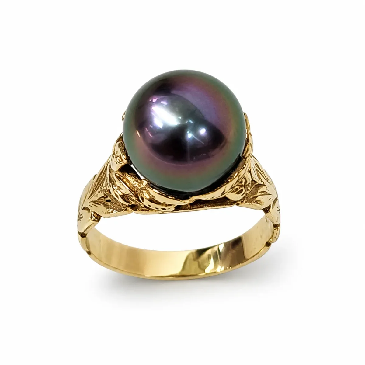 9ct Yellow Gold Tahitian Black Pearl Ring – 12.0–12.50mm Peacock Pearl | Nature Inspired Leaf Design - MJPYZ