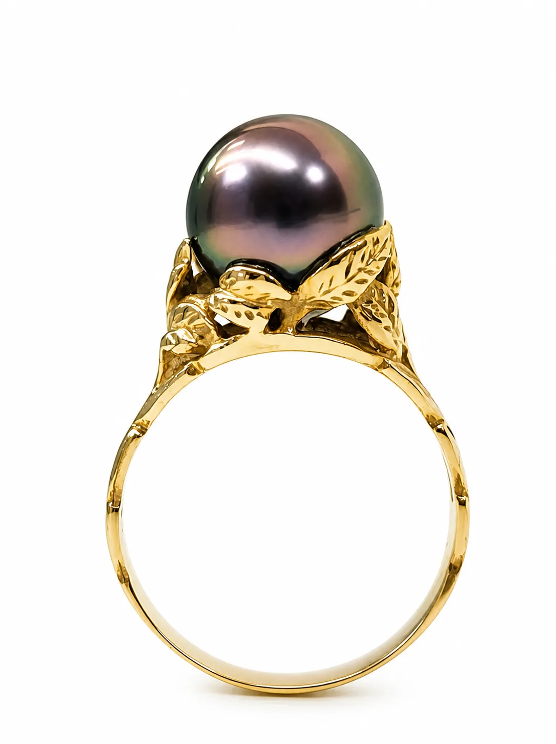 9ct Yellow Gold Tahitian Black Pearl Ring – 12.0–12.50mm Peacock Pearl | Nature Inspired Leaf Design - MJPYZ