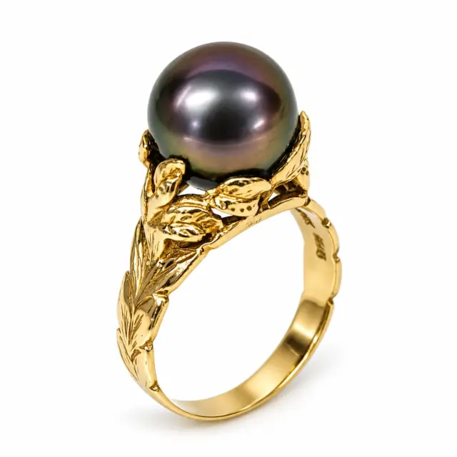 9ct Yellow Gold Tahitian Black Pearl Ring – 12.0–12.50mm Peacock Pearl | Nature Inspired Leaf Design - MJPYZ