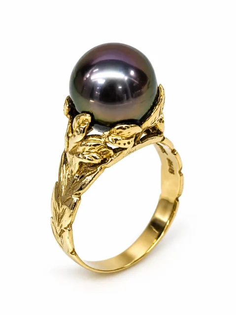 9ct Yellow Gold Tahitian Black Pearl Ring – 12.0–12.50mm Peacock Pearl | Nature Inspired Leaf Design - MJPYZ