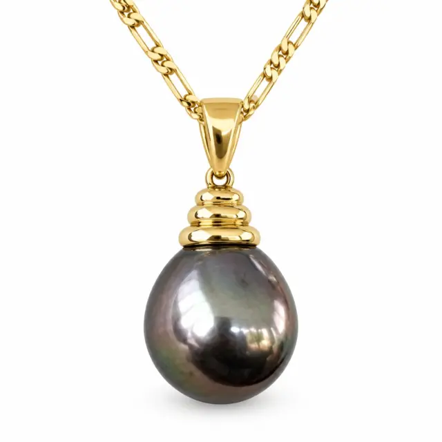 9ct Yellow Gold Tahitian Teardrop Black Pearl Pendant 13-13.5mm Round
