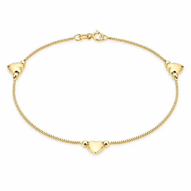 9ct Yellow Gold Three Heart Charm Box Chain Bracelet 19cm Long - BLG001