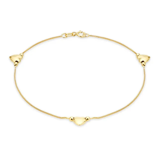 9ct Yellow Gold Three Heart Charm Box Chain Bracelet 19cm Long - BLG001
