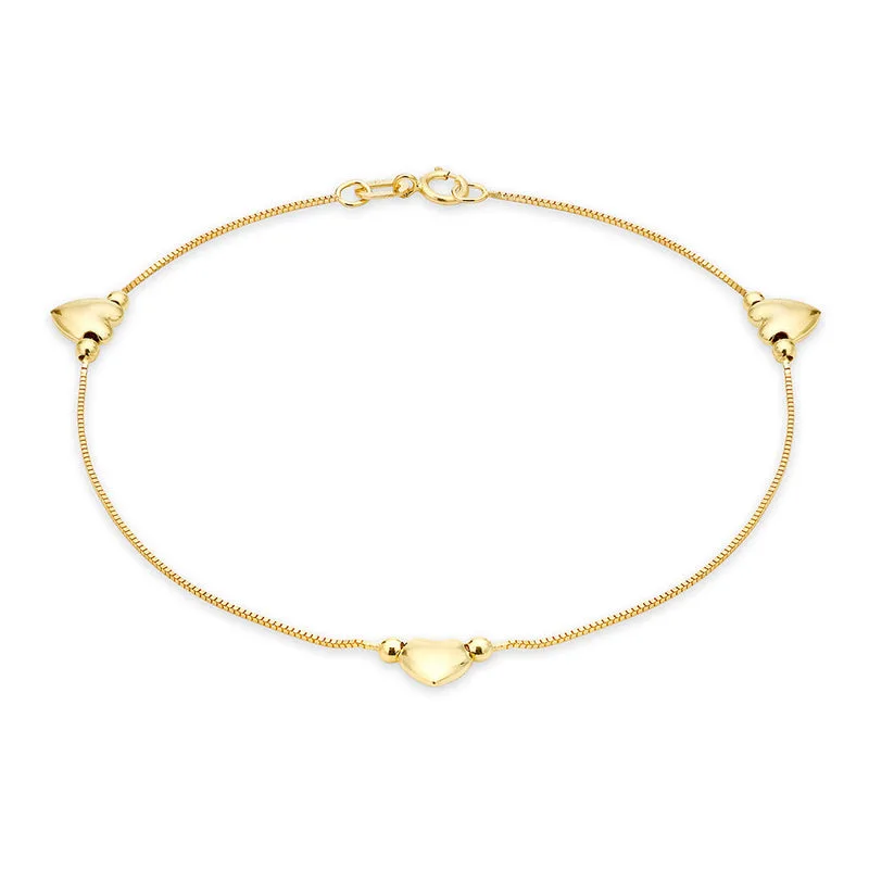 9ct Yellow Gold Three Heart Charm Box Chain Bracelet 19cm Long - BLG001