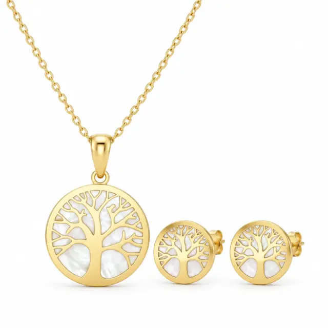 9ct Yellow Gold Tree of Life Mother of Pearl Pendant & Stud Earrings Set