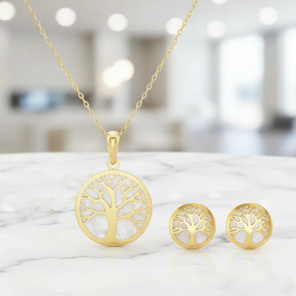 9ct Yellow Gold Tree of Life Mother of Pearl Pendant & Stud Earrings Set