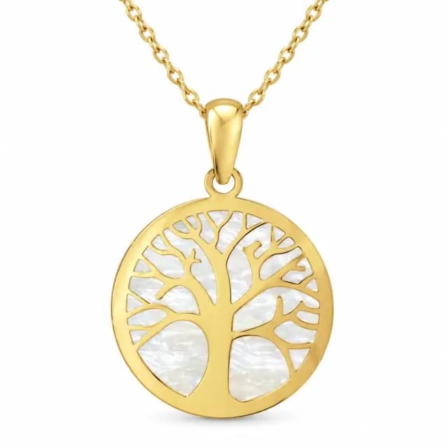 9ct Yellow Gold Tree of Life with Mother of Pearl Pendant & 9ct Gold Dia Cut Trace 45cm Chain