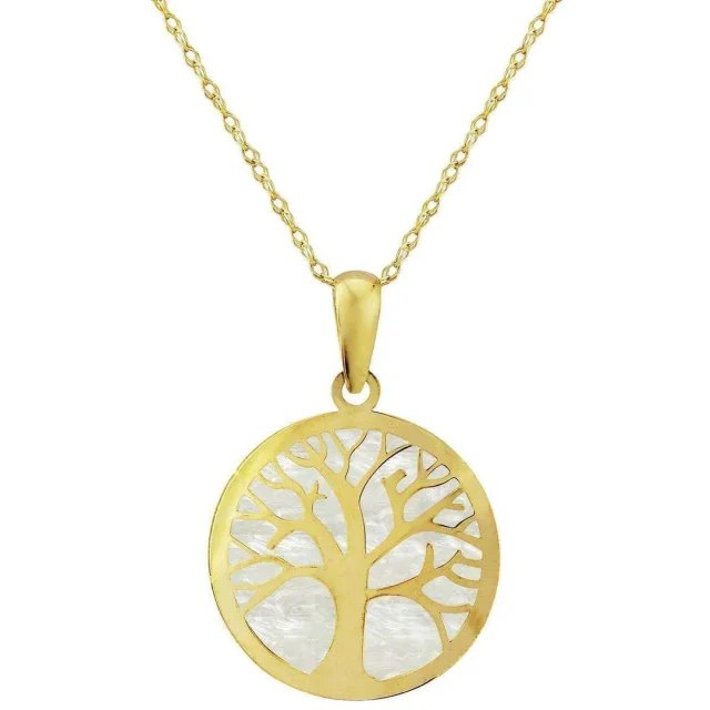 9ct Yellow Gold Tree of Life with Mother of Pearl Pendant & 9ct Gold Dia Cut Trace 45cm Chain