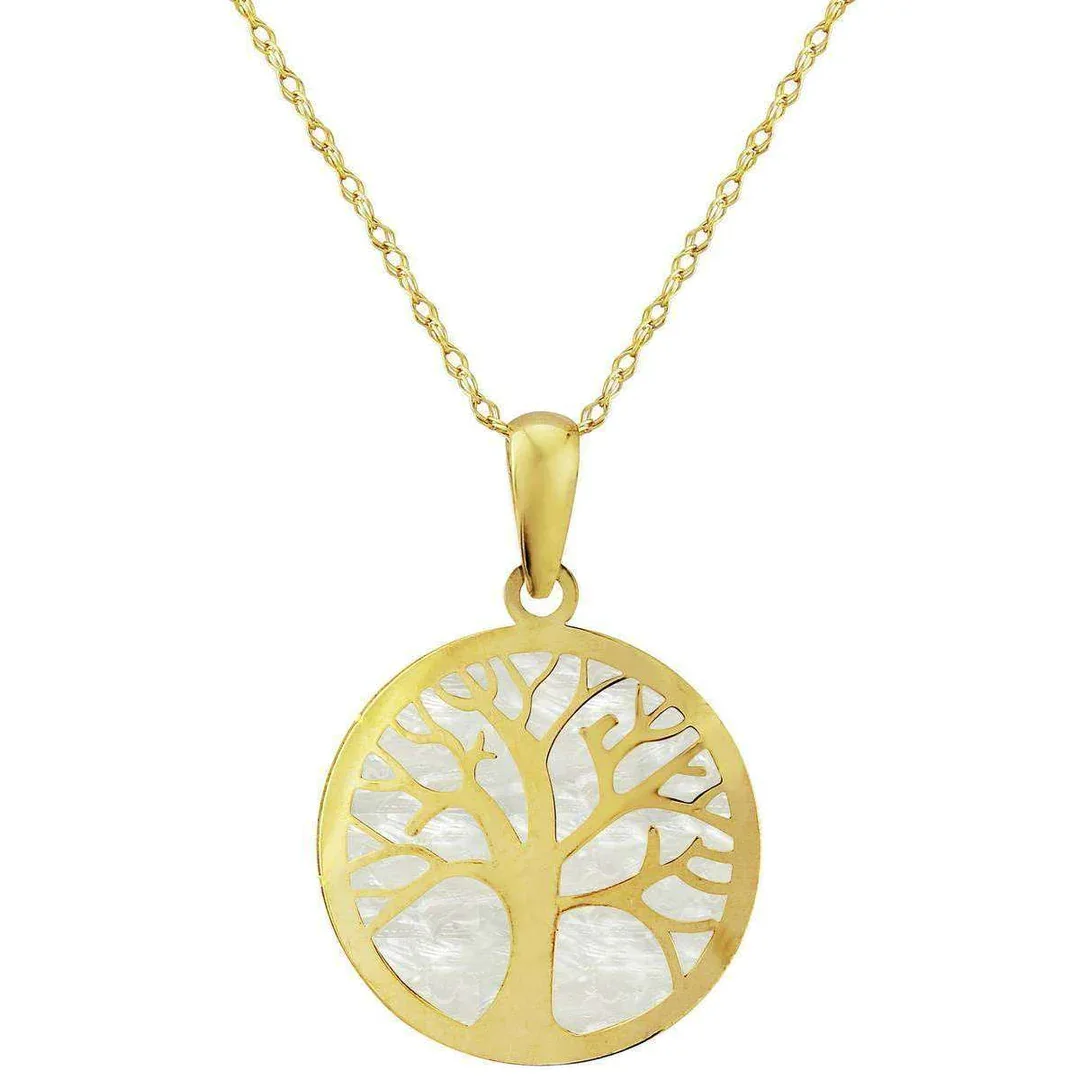 9ct Yellow Gold Tree of Life with Mother of Pearl Pendant & 9ct Gold Dia Cut Trace 45cm Chain