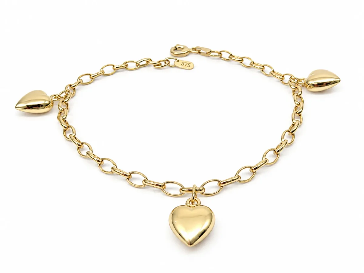 9ct Yellow Gold Triple Puff Heart Charm Oval Belcher Bracelet 19cm – Made in Italy - 9CT3HEART