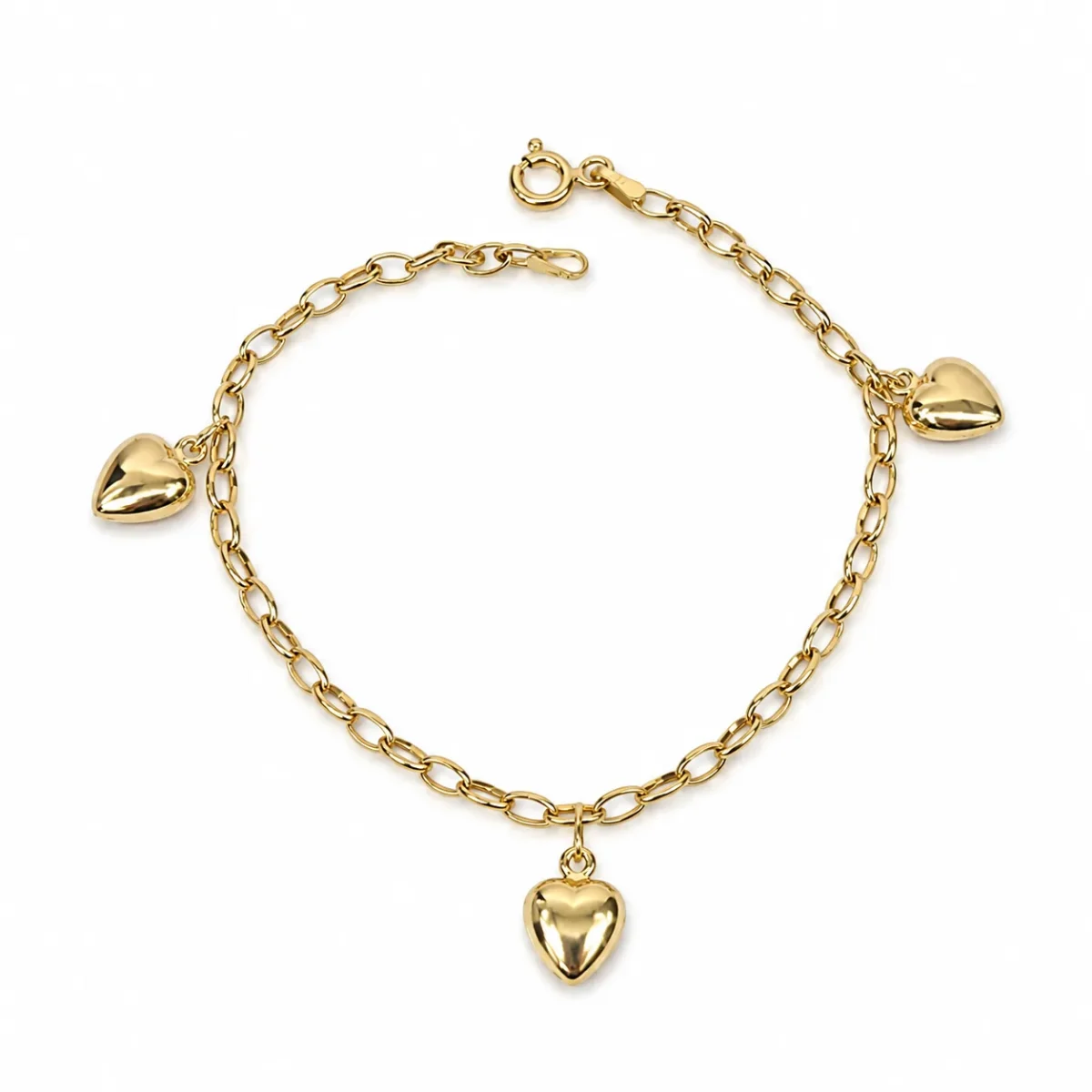 9ct Yellow Gold Triple Puff Heart Charm Oval Belcher Bracelet 19cm – Made in Italy - 9CT3HEART