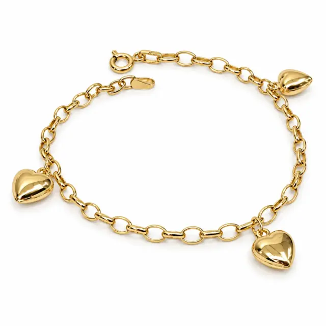 9ct Yellow Gold Triple Puff Heart Charm Oval Belcher Bracelet 19cm – Made in Italy - 9CT3HEART