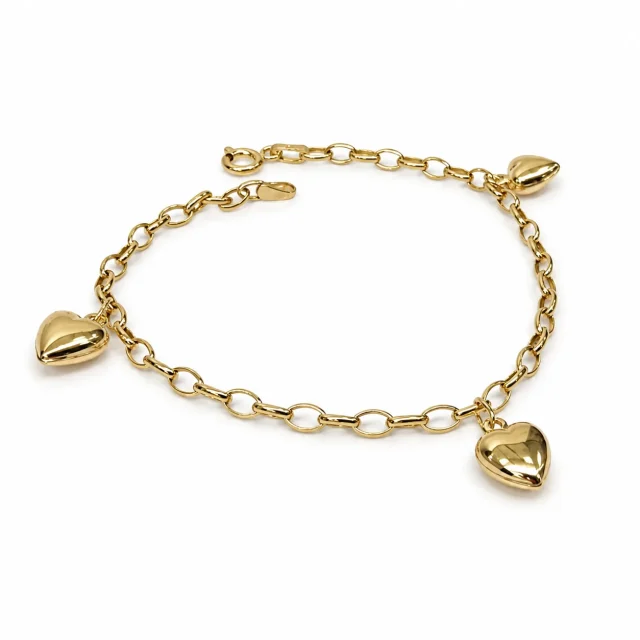 9ct Yellow Gold Triple Puff Heart Charm Oval Belcher Bracelet 19cm – Made in Italy - 9CT3HEART