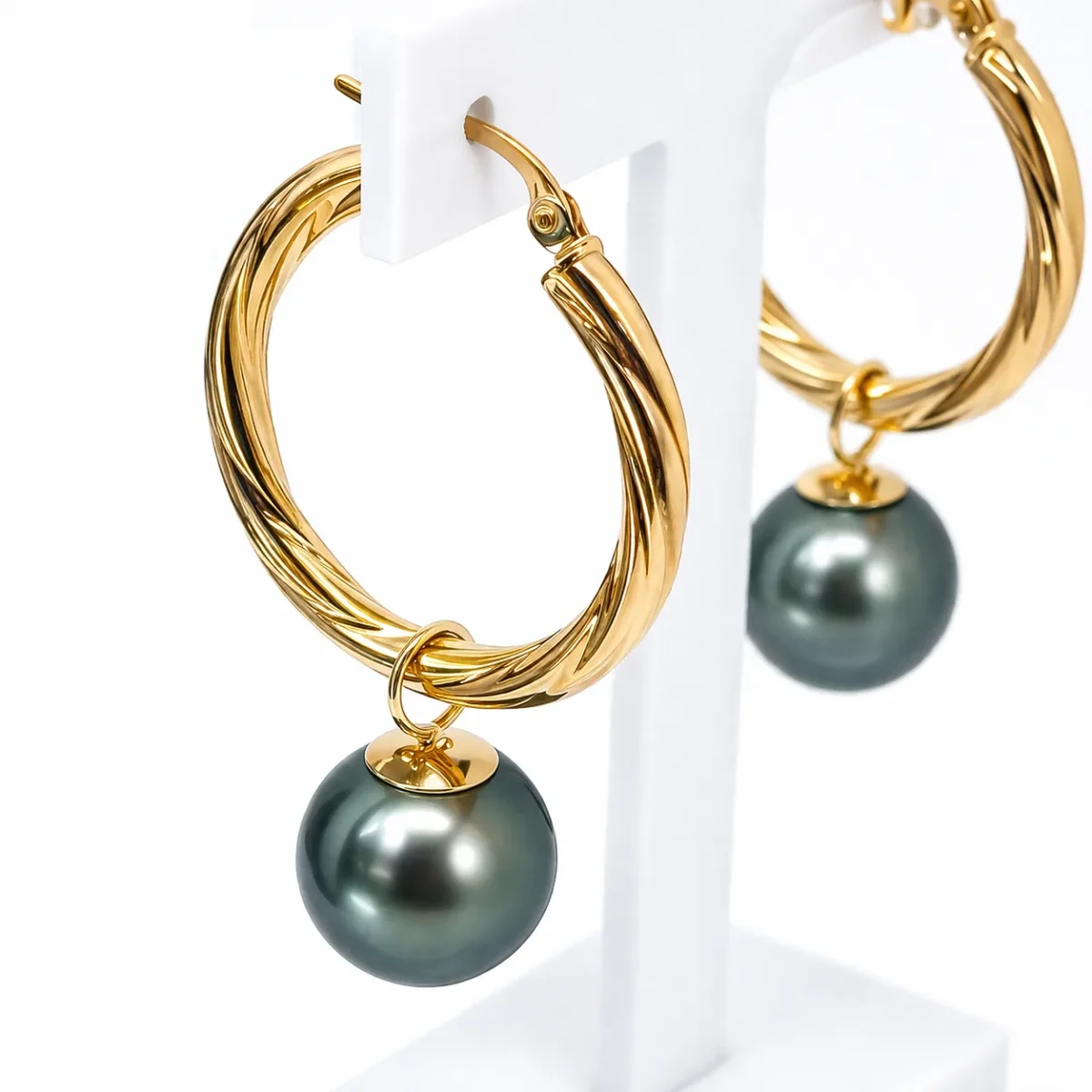 9ct Yellow Gold Twist Hoop Earrings with Tahitian Black Pearls - 9CTPYZ
