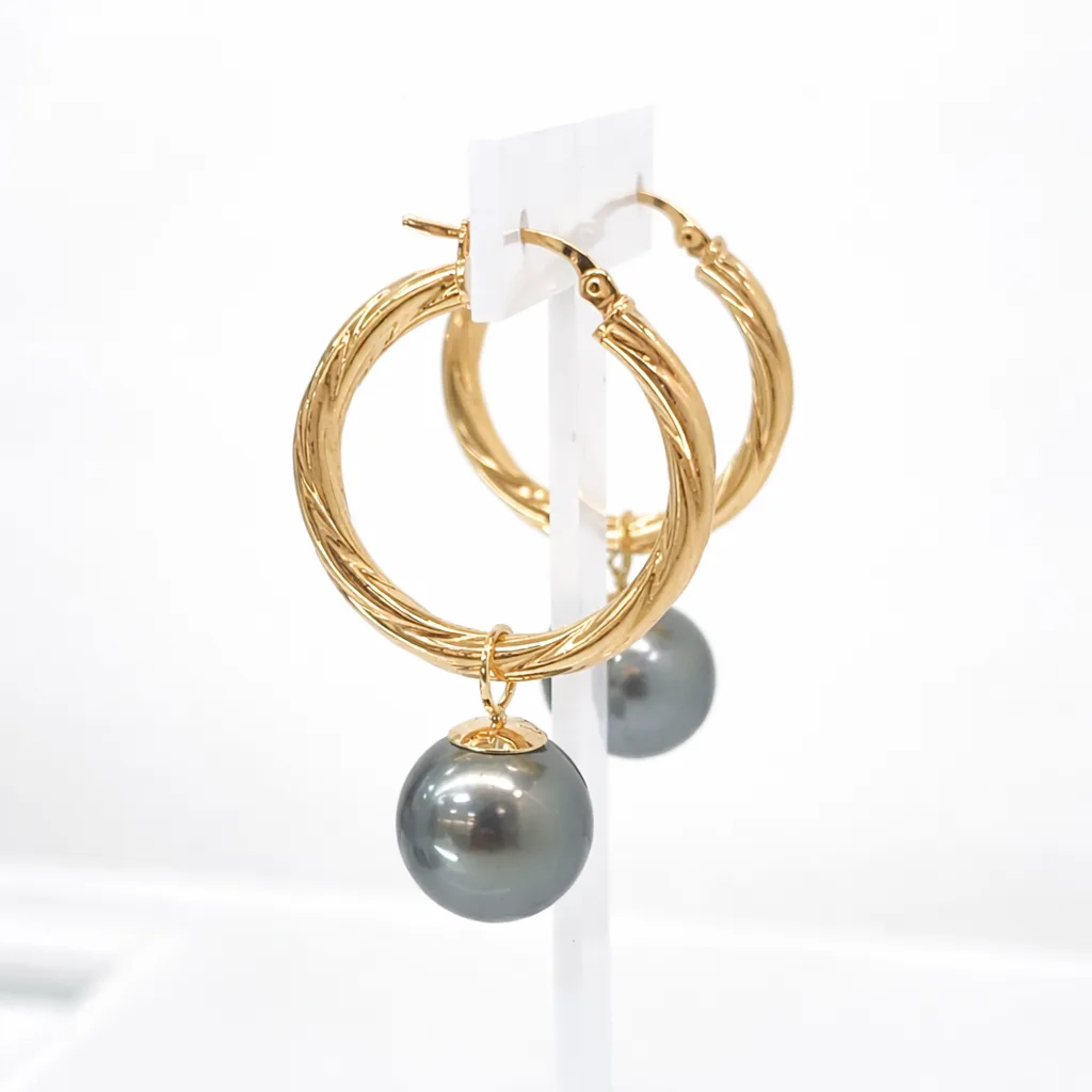 9ct Yellow Gold Twist Hoop Earrings with Tahitian Black Pearls - 9CTPYZ