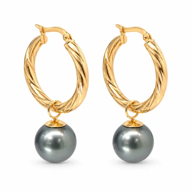 9ct Yellow Gold Twist Hoop Earrings with Tahitian Black Pearls - 9CTPYZ