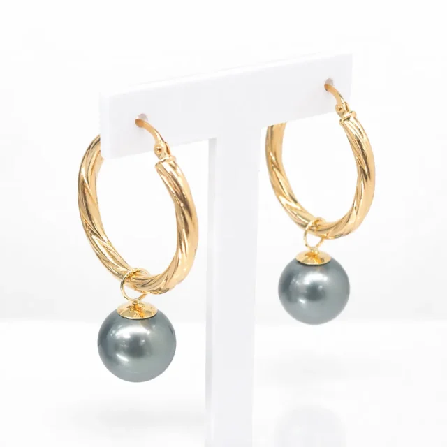 9ct Yellow Gold Twist Hoop Earrings with Tahitian Black Pearls - 9CTPYZ